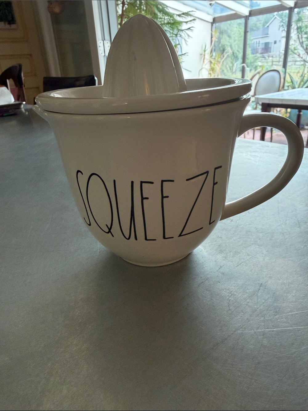Rae Dunn White Ceramic Juicer with Black Lettering 'SQUEEZE'